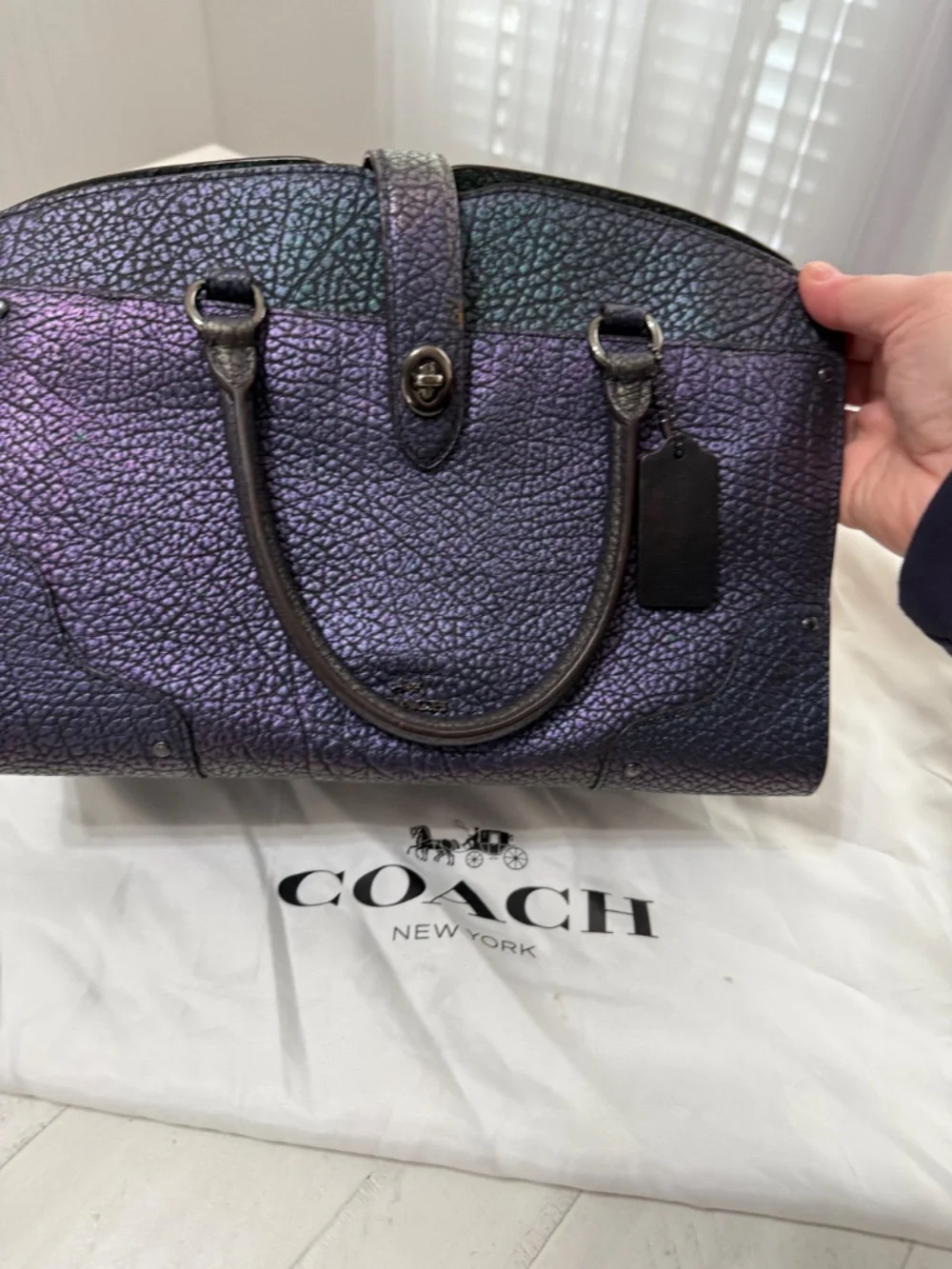 Coach Rogue Metallic Iridescent Purple Pebbled Leather Satchel
